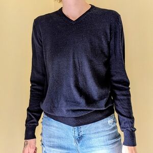 Meraki Navy Blue Merino Wool V-neck Sweaer / Large